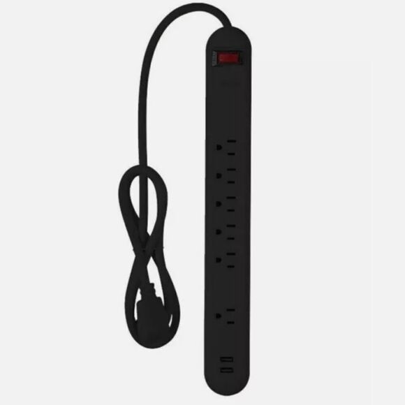 New Globe Electric 4' 6 Outlet Extension Cord Black 2 USB Surge Protector NIB - Picture 8 of 10